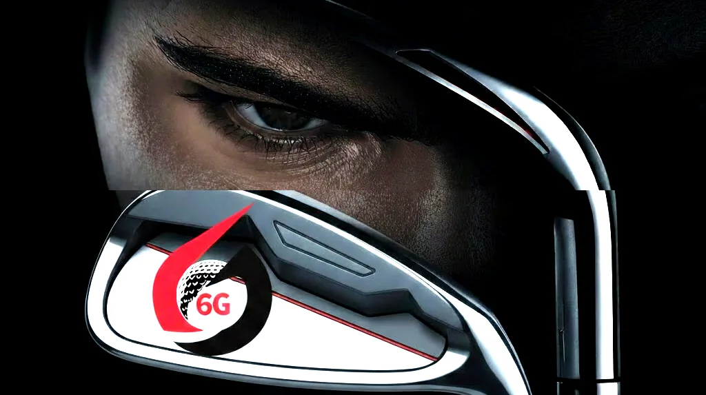 Sharp, focused eye above a sleek 6G-branded golf club iron: the intensity of 6G Golf